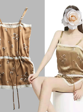 法国品牌复古金色柔滑真丝印花蕾丝边女士露背中长款系带吊带背心