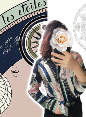 八芒星星盘花色印花桑蚕丝真丝女上衣宽松不透翻领长袖衬衫薄