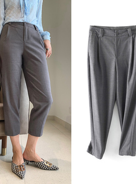 百搭好穿内里全包边烟灰色显瘦休闲高腰九分微锥形女士烟管裤