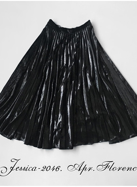 欧美秋冬高定米兰走秀款黑漆亮面2米宽幅压褶反光半身裙百褶长裙