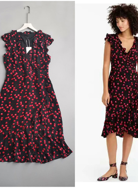 甜美樱桃印花V领荷叶边飞飞袖真丝茶歇裹身鱼尾连衣裙黑白两色