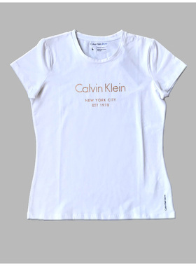 欧美烫金字母印花圆领纯棉女士弹力修身短袖T恤黑白两色