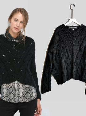 西班牙圆领黑色麻花编织镂空套头廓形粗毛线短款娃娃衫女宽松毛衣