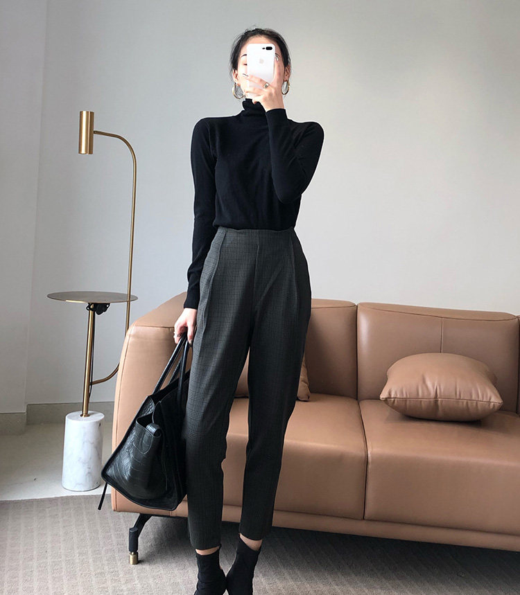 春秋黑灰威尔士格子显瘦Good版型高腰四面弹女士哈伦裤九分长裤