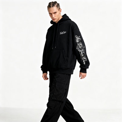 美式街头刺青加绒连帽卫衣