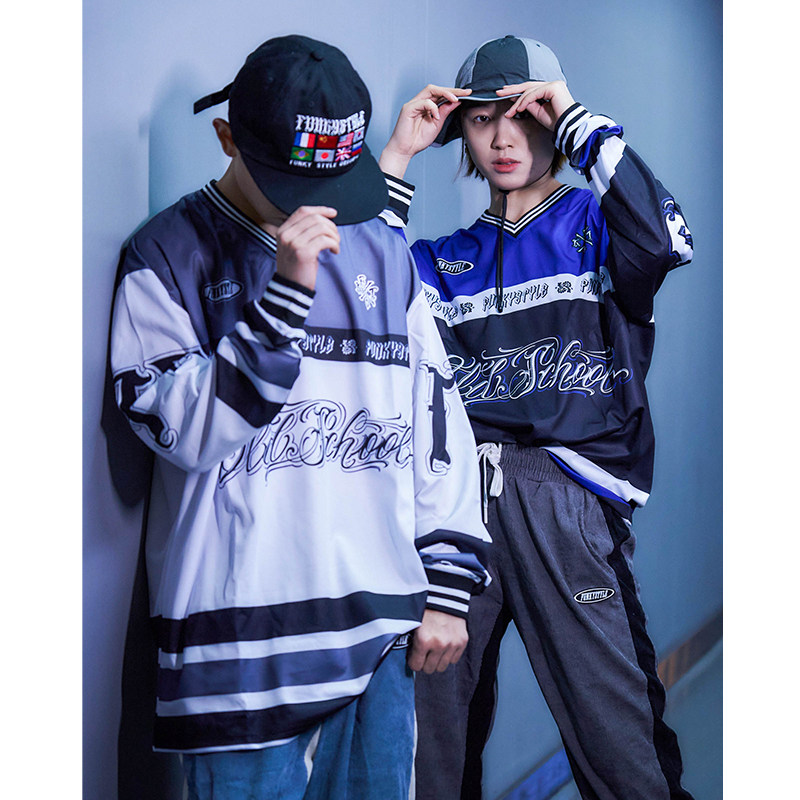 FunkyStyle原创国潮嘻哈街舞bboy演出popping长袖T恤V领橄榄球衣_虎窝淘