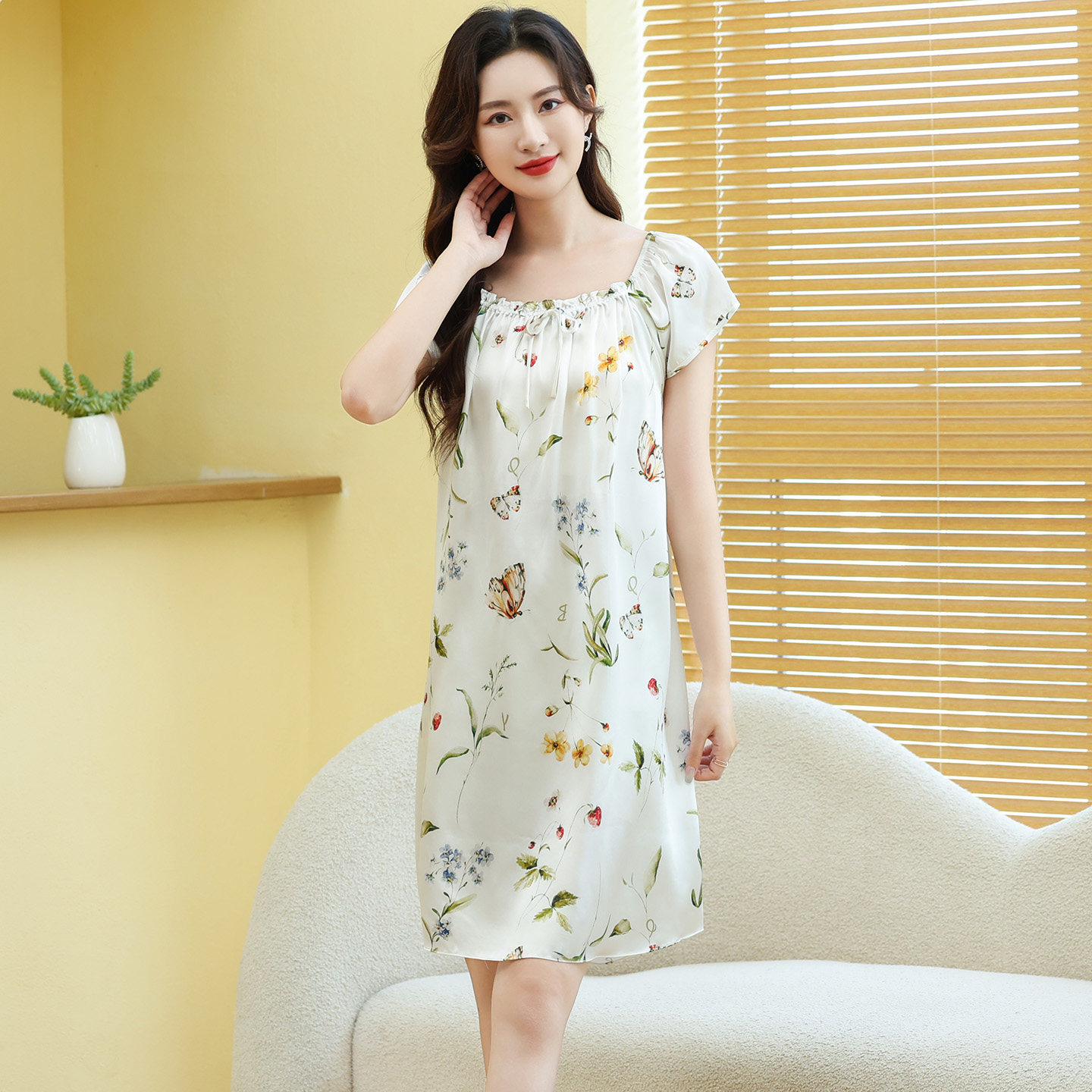 正品真丝睡衣女夏季杭州丝绸100%桑蚕丝家居服印花高档短袖中裙