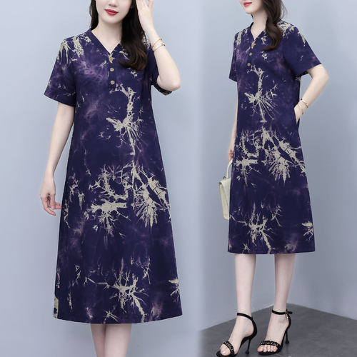 天丝亚麻V领印花妈妈连衣裙