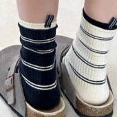 黑白条纹袜子女中筒春夏日系双针布标长袜夏季 学生运动无骨堆堆袜