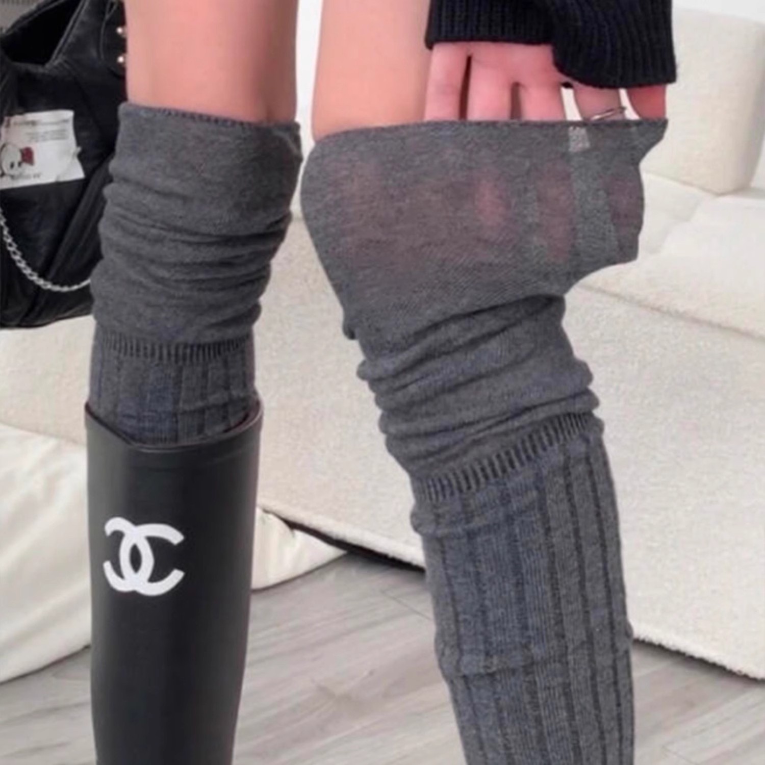 灰色过膝袜子女春夏堆堆袜配靴子