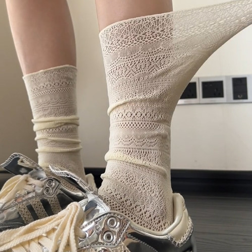 白色蕾丝堆堆袜子女夏季薄款