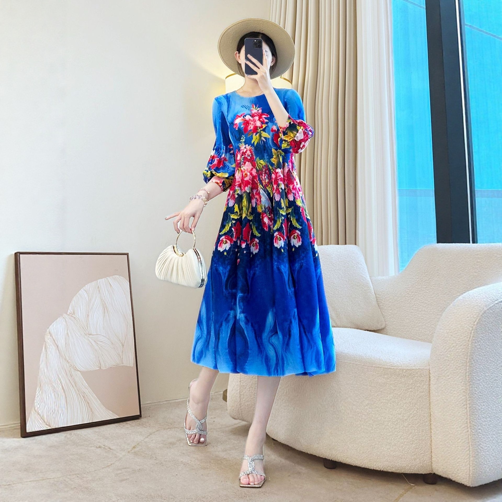 2025早秋新款中年妈妈装优雅印花褶皱连衣裙宽松灯笼袖显瘦花苞裙,女装/女士精品,连衣裙,淘宝优惠券,粉丝福利购,淘宝优惠卷