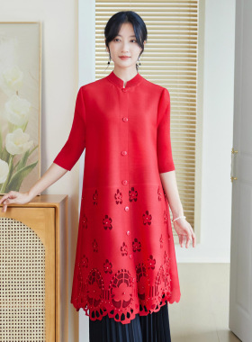 春夏参加宴会妈妈装礼服红色连衣裙大码高端重工钉珠喜婆婆婚宴装