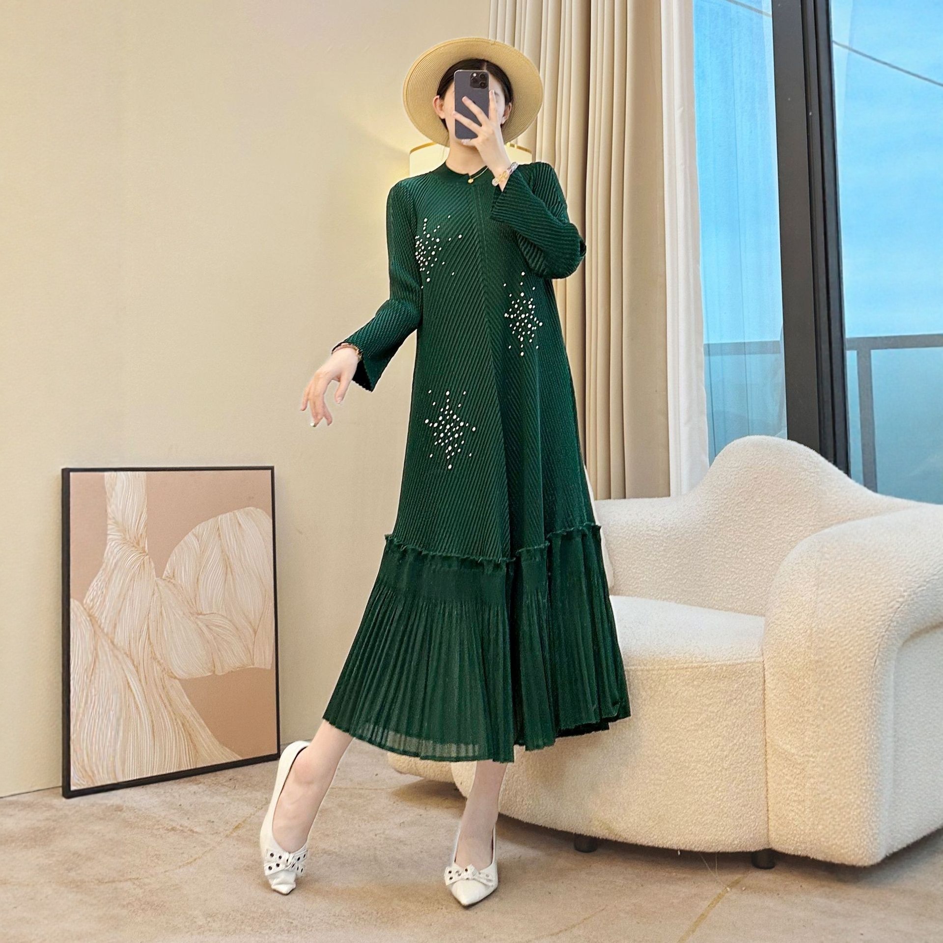 中年妈妈秋冬压褶连衣裙高贵礼服