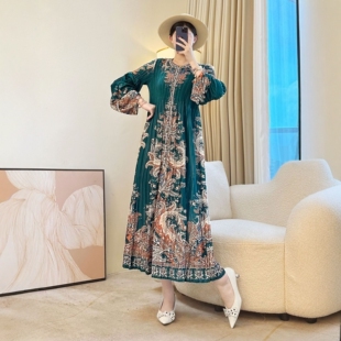 秋冬中年妈妈装 高贵阔太太宽松显瘦A字压褶长裙 复古民族风连衣裙