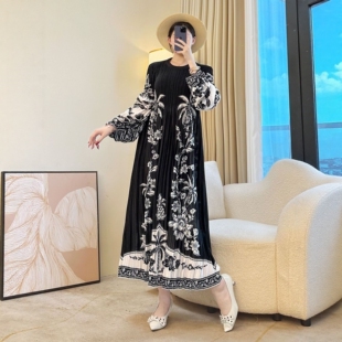 优雅复古印花褶皱连衣裙女秋冬中年妈妈装 遮肉显瘦A字长裙子 大码