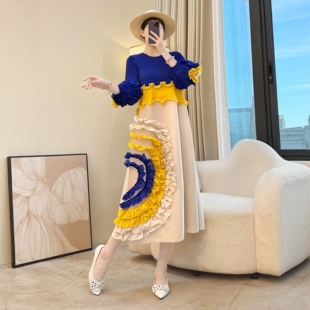 压褶A字长裙 显瘦撞色灯笼袖 中年妈妈秋冬法式 复古绣花连衣裙大码