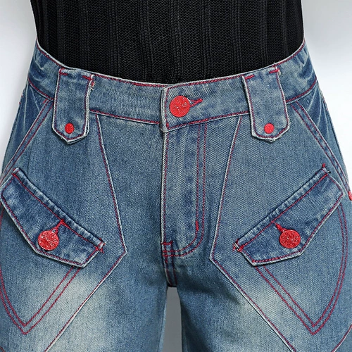 Этнические джинсы, джинсовые штаны, европейский стиль, этнический стиль, высокая талия, свободный крой, с вышивкой