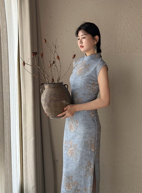 织造局新中式《锦上添花》新中式日常改良复古蓝色旗袍修身连衣裙