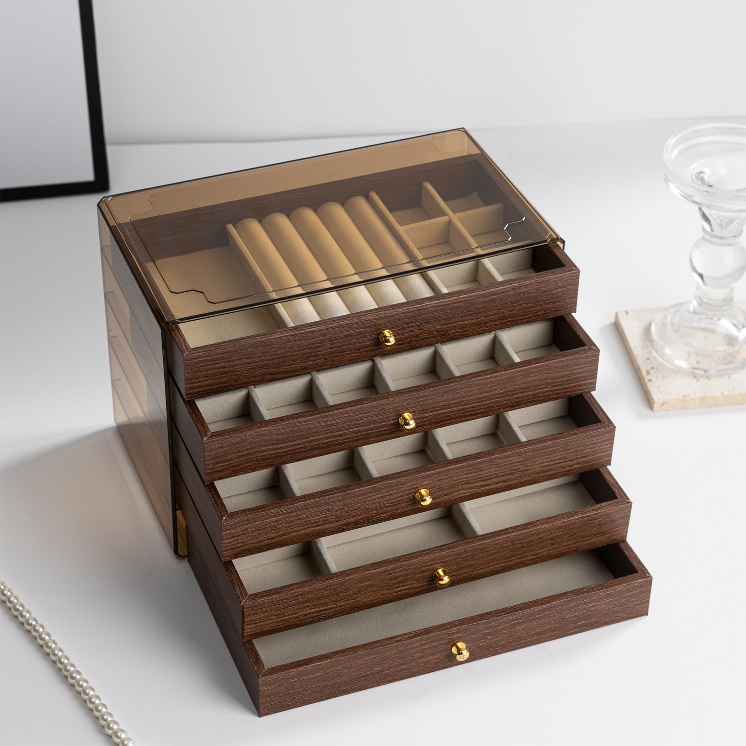 德国进口胡桃木纹首饰盒大容量桌面手镯戒指耳钉精致抽屉式收纳盒