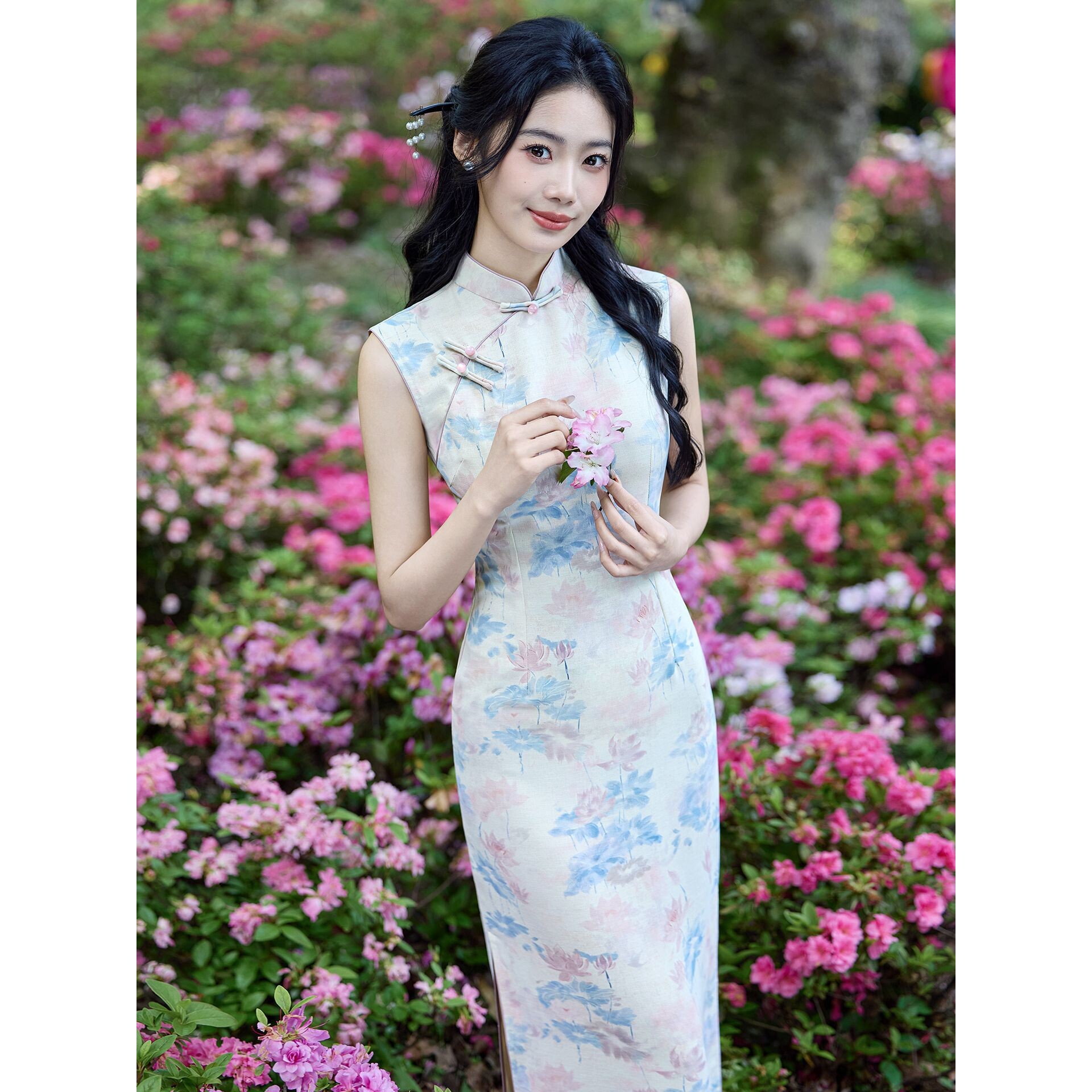 织造局国风少女旗袍新中式白色碎花无袖连衣裙夏季改良温柔气质日