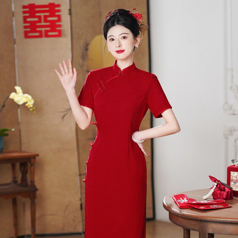织造局红色礼服订婚旗袍长款绝美大码连衣裙妈妈大码送考高考26年
