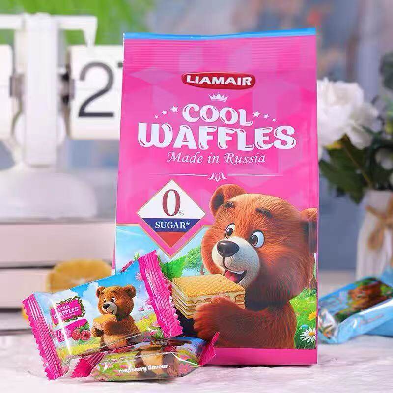 俄罗斯原装进口拉迈尔牌0蔗糖小熊威化饼干树莓味200克美味零食