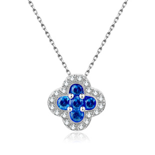 新品 pt900铂金皇家蓝宝钻石四叶草吊坠国检证书可叠戴可diy