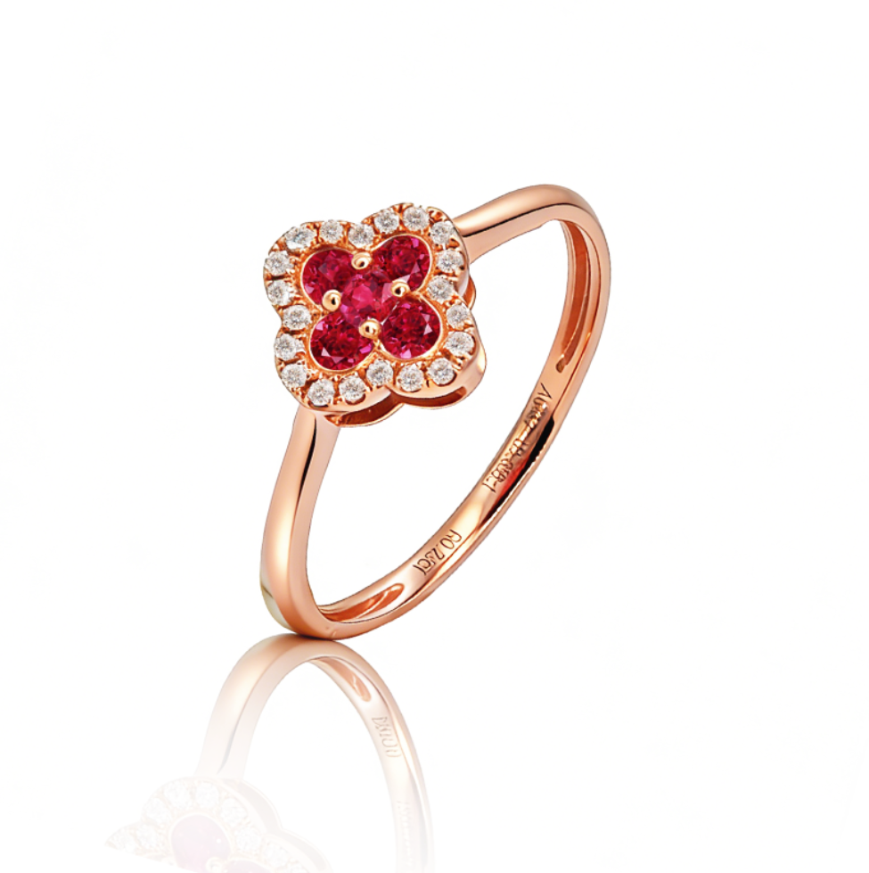 18K金红宝石钻石戒指女四叶草