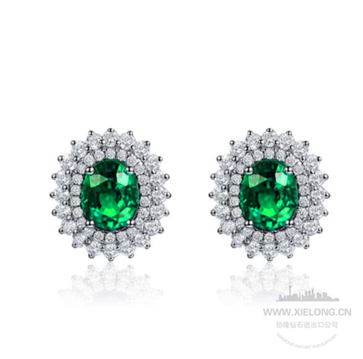 天然祖母绿钻石耳钉太阳花造型