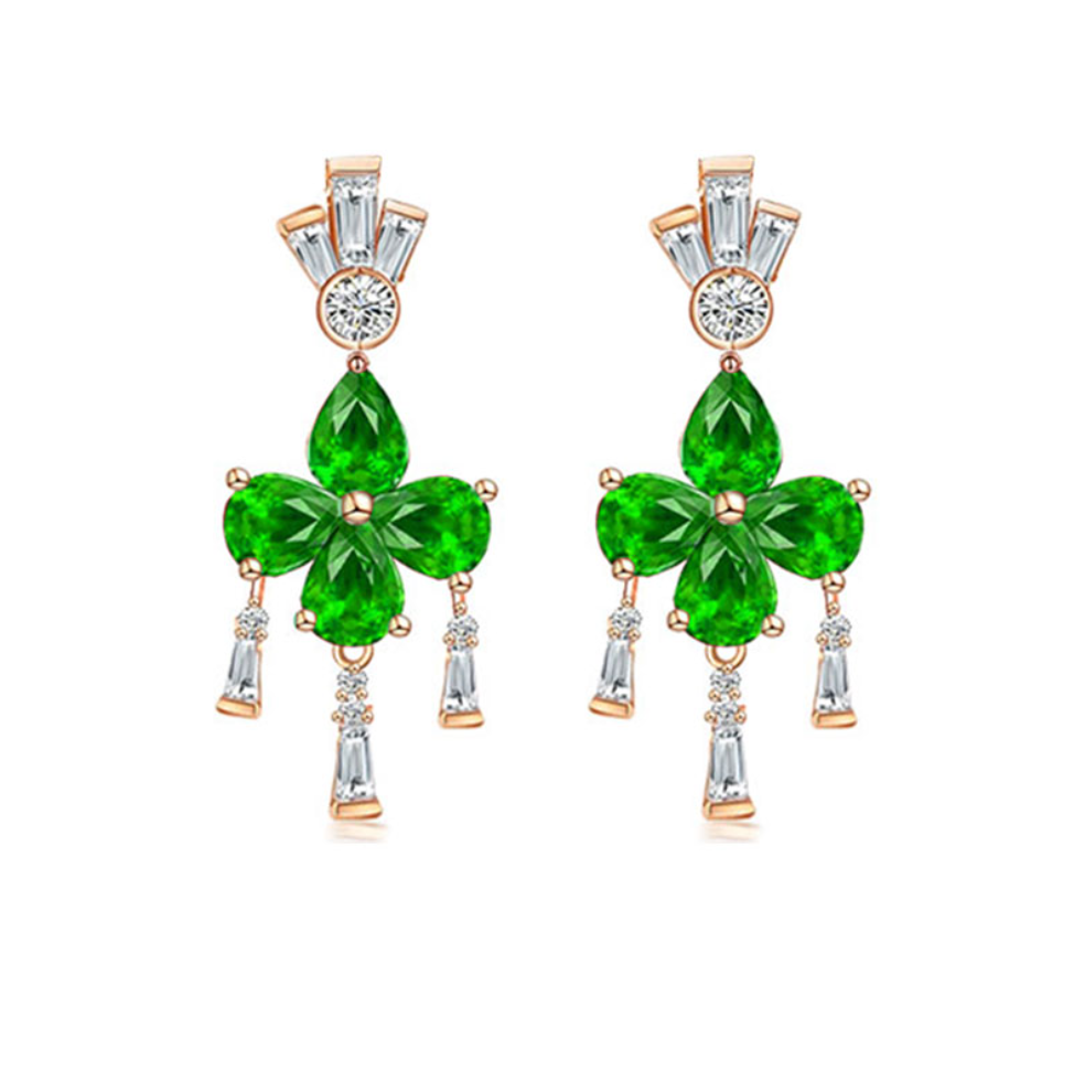 天然沙弗莱钻石耳钉女四叶草镶钻