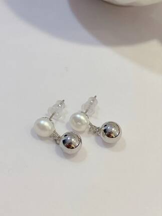 时髦精银球珍珠耳钉7-8mm天然淡水珍珠酷飒高级 S925纯银针