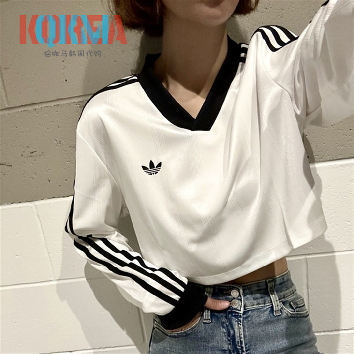 Adidas三叶草女V领休闲长袖卫衣