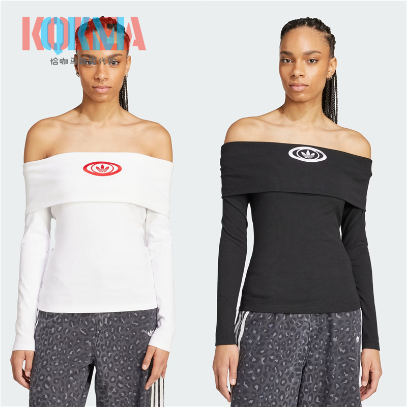 阿迪达斯Adidas三叶草女子漏肩一字肩修身线衫长袖 KA2690 KA2691