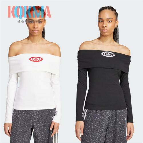 阿迪达斯Adidas三叶草女子漏肩一字肩修身线衫长袖 KA2690 KA2691
