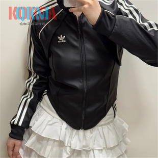 阿迪达斯Adidas三叶草女子复古休闲运动皮衣两件套外套马甲IJ5021