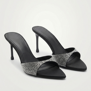 MANGO性感水钻尖头细高跟凉拖鞋女士夏外穿时尚半拖鞋一脚蹬细跟