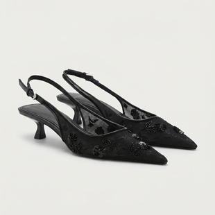 MANGO黑色尖头细高跟凉鞋女夏串珠网布穆勒鞋时尚百搭女士高跟鞋