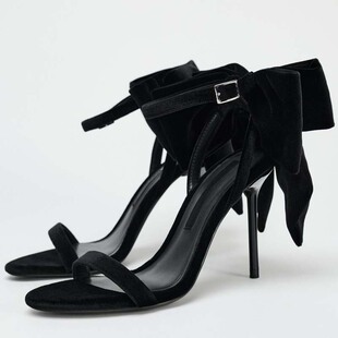 ZA一字带高跟鞋女露趾性感风黑色天鹅绒蝴蝶结搭扣气质凉鞋一字扣