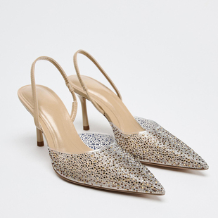 ZA水钻尖头细高跟鞋后空穆勒鞋浅口中空凉鞋2025夏季新款时尚女鞋