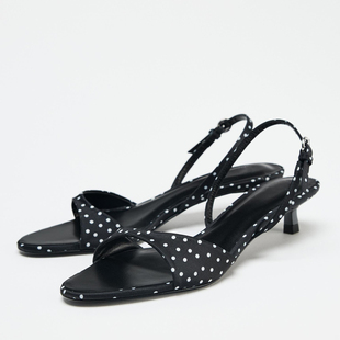 ZA法式复古波点一字带凉鞋女黑色露趾猫跟时尚凉鞋低跟夏季女鞋子