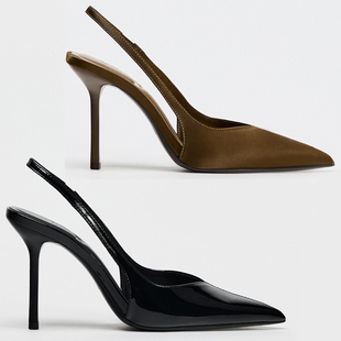 ZA高跟鞋性感风尖头高跟穆勒鞋女浅口漆皮细高跟露跟凉鞋透气后空