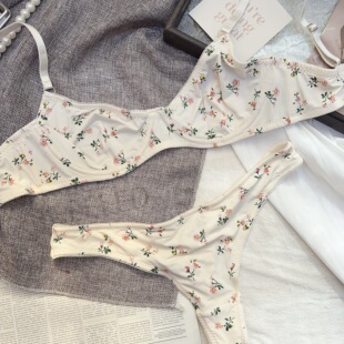 复古玫瑰碎花内衣套装 甜美女超薄舒适女生钢圈文胸纯欲迷人半杯