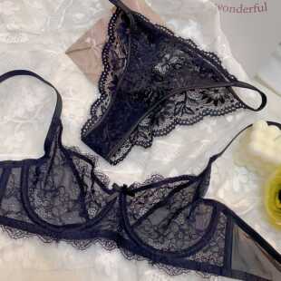 法式诱惑性感黑色透明蕾丝文胸套装风情有钢圈薄杯细带舒适甜辣