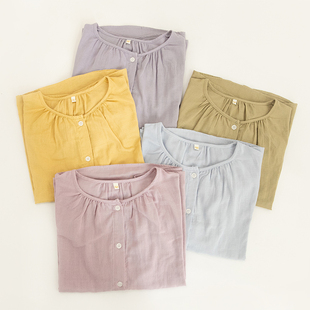 春秋新款纯色日系懒散宽松全棉双层纱女士长睡衣春夏长睡裤家居服