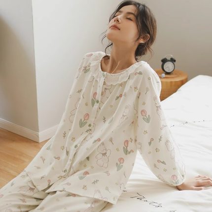 春秋甜美公主全棉磨毛绒布长袖女士睡衣可爱圆领纯棉精梳棉家居服