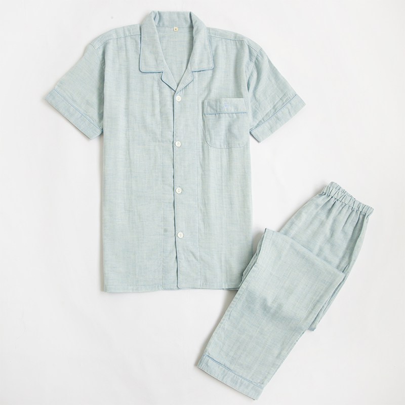 夏季薄款简约全棉双层纱布男士睡衣短袖长裤纯棉麻开衫家居服套装