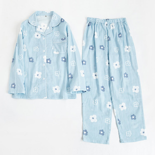春夏日系纯棉双层纱布女士睡衣长袖春秋全棉麻家居服套装