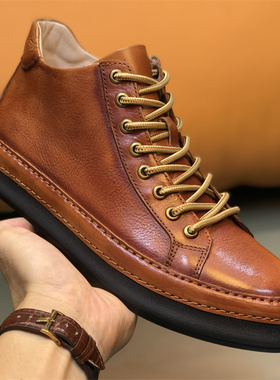 欧洲站男鞋复古擦色真皮高帮鞋男板鞋潮流马丁靴冬季男士短靴高档