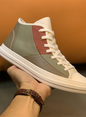 欧洲站男鞋2026春季新款真皮高帮鞋男头层牛皮拼色板鞋潮流休闲鞋